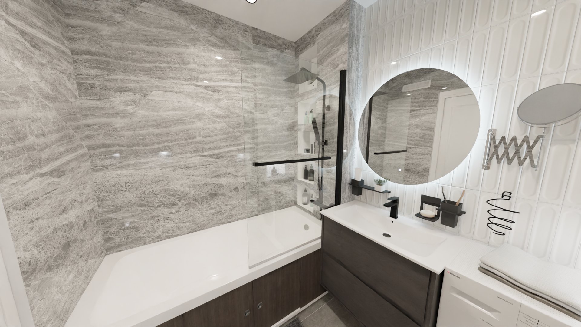 Совмещенный санузел в серых тонах с мрамором и кабанчиком 3