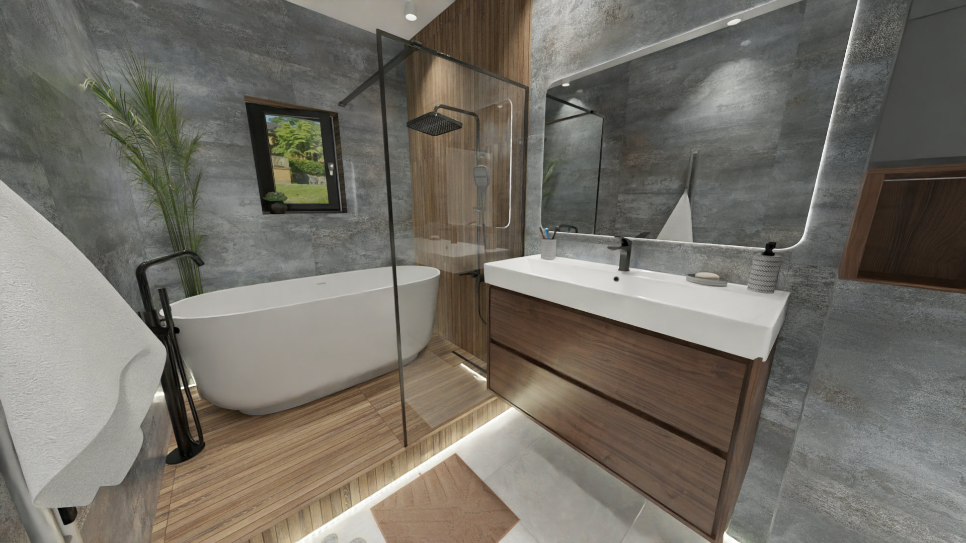 Просторная ванная комната с природными мотивами