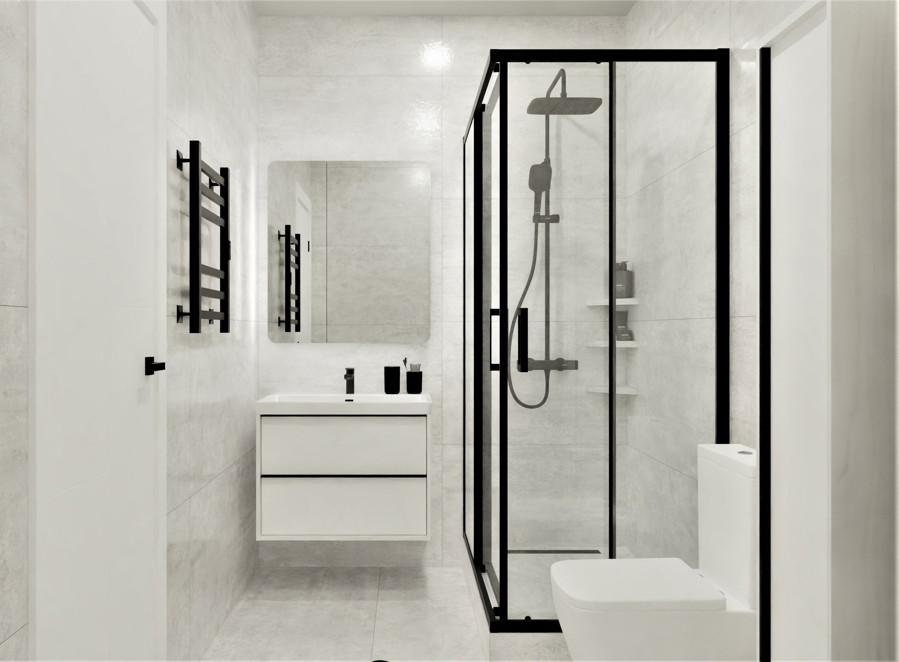 Небольшая ванная комната классического стиля в белых тонах