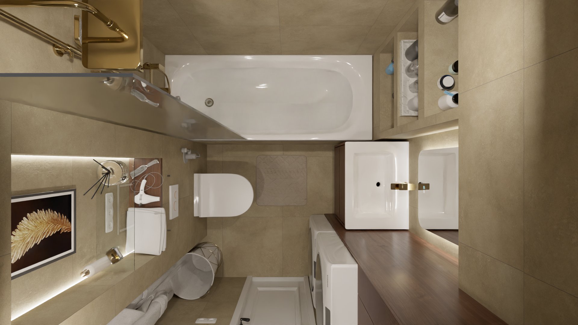 Компактная ванная в бежевом цвете со стиральной машиной 1