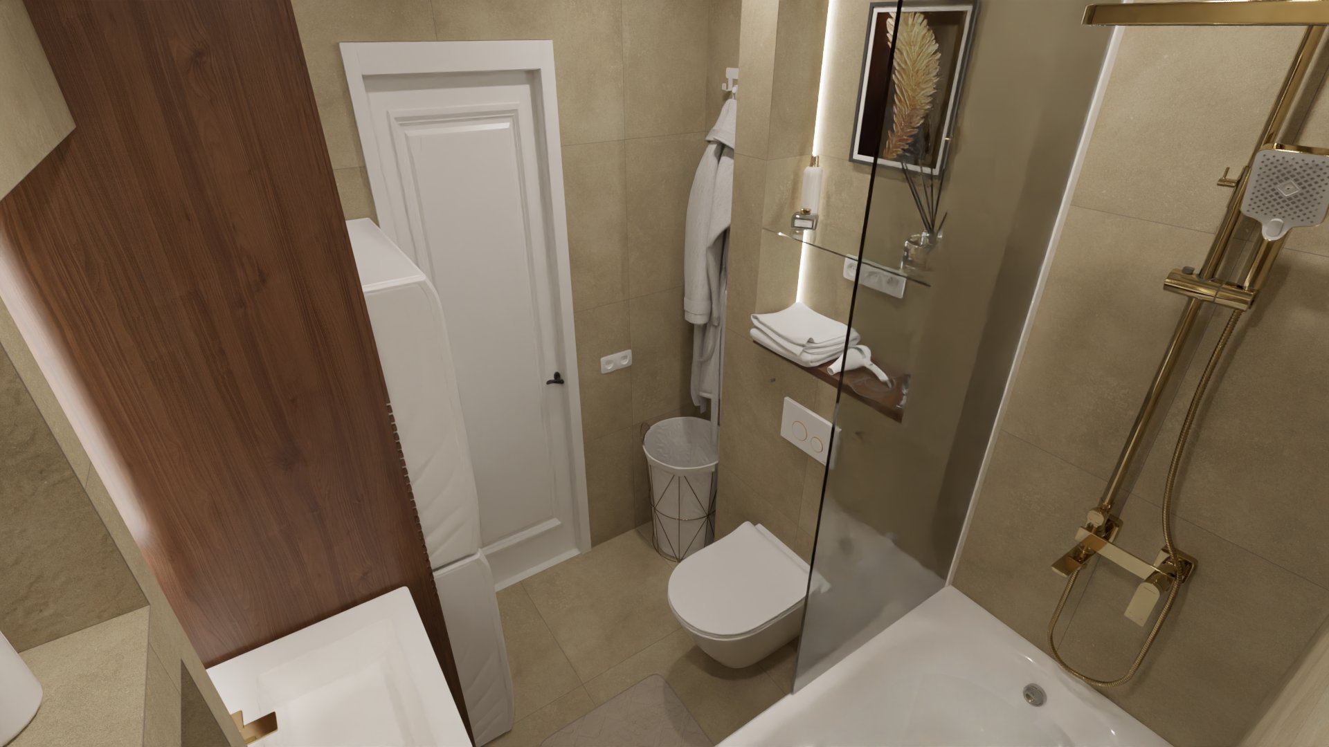 Компактная ванная в бежевом цвете со стиральной машиной 2