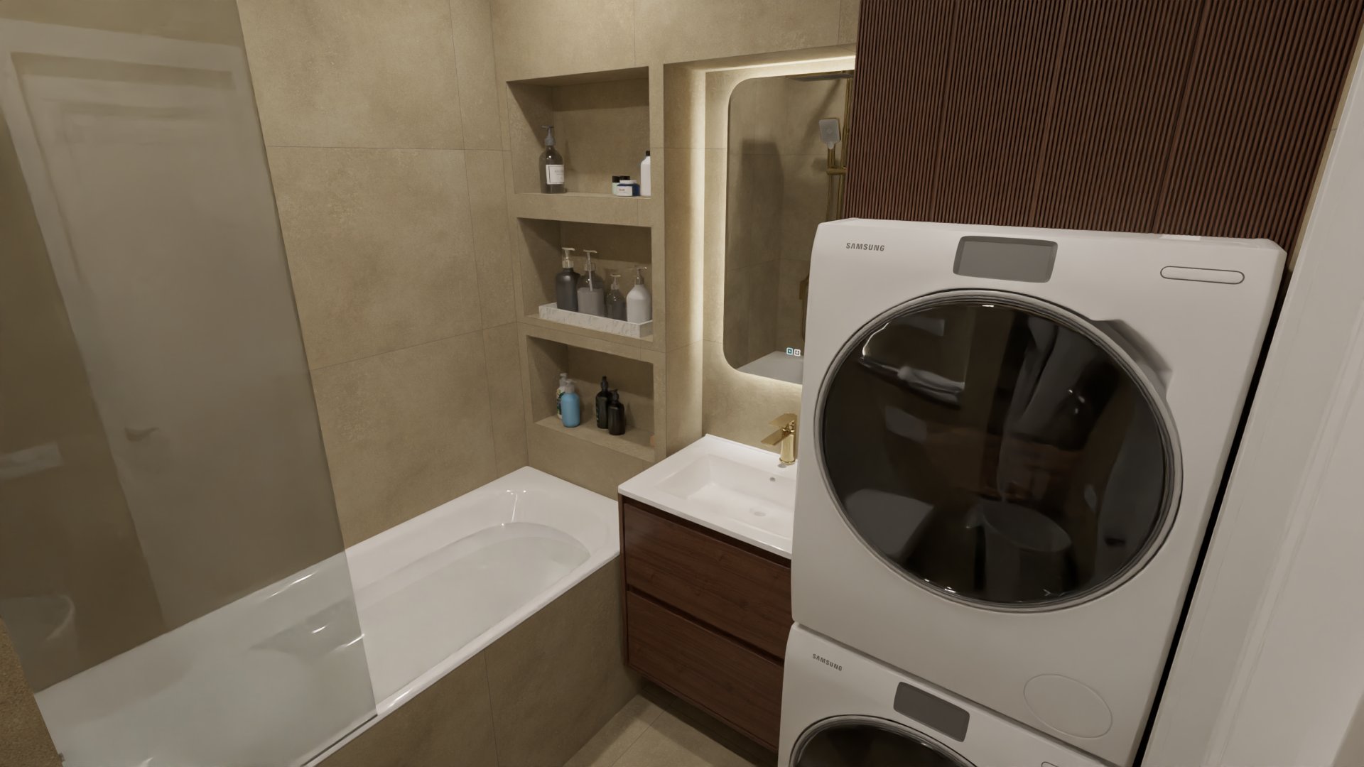 Компактная ванная в бежевом цвете со стиральной машиной Компактная ванная в бежевом цвете со стиральной машиной
