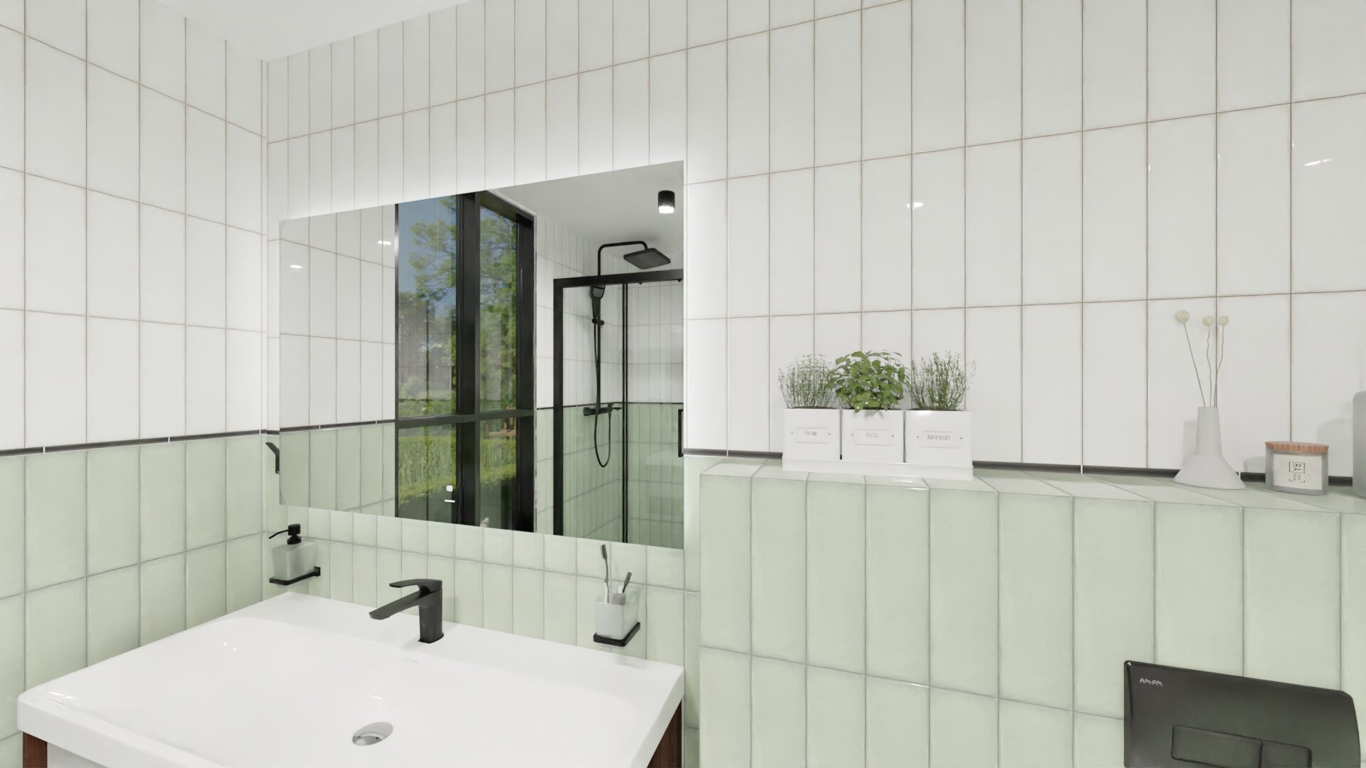 Ванная комната в свежих бело-зелёных оттенках 2