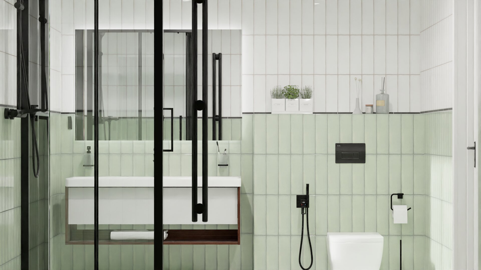 Ванная комната в свежих бело-зелёных оттенках 4