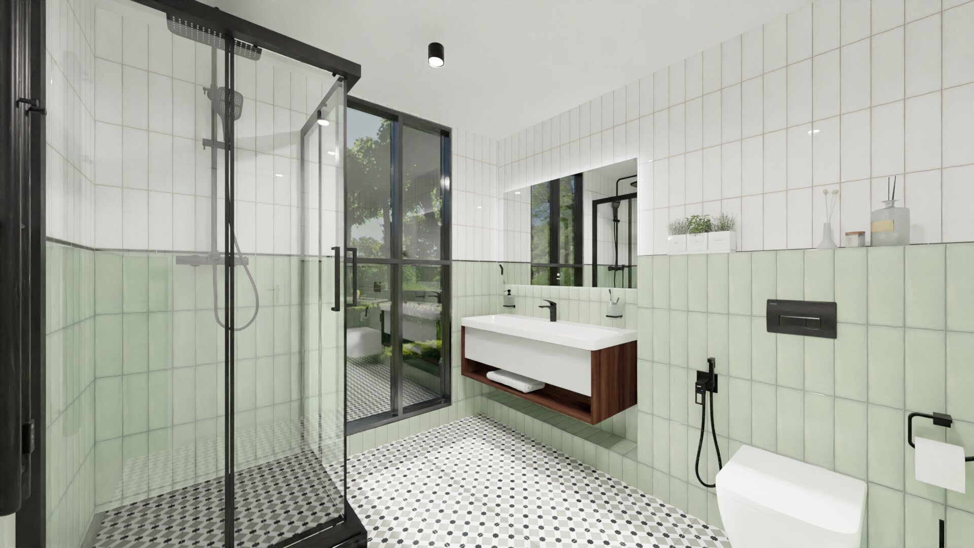 Ванная комната в свежих бело-зелёных оттенках