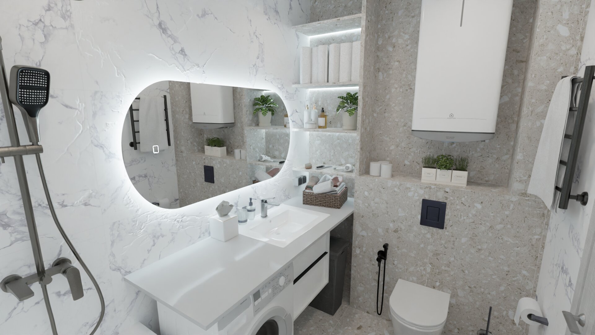 Стильная ванная в серо-белых тонах