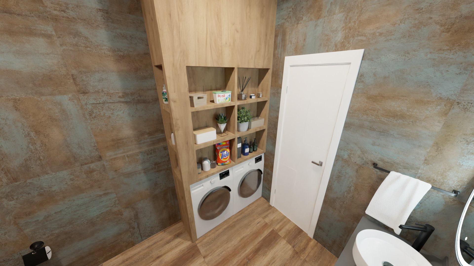 Ванная лофт со вставками цвета мха 6