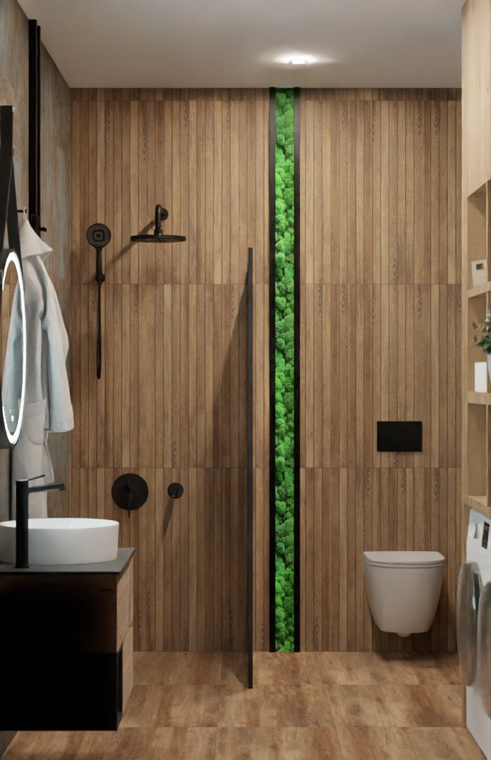 Ванная лофт со вставками цвета мха 1