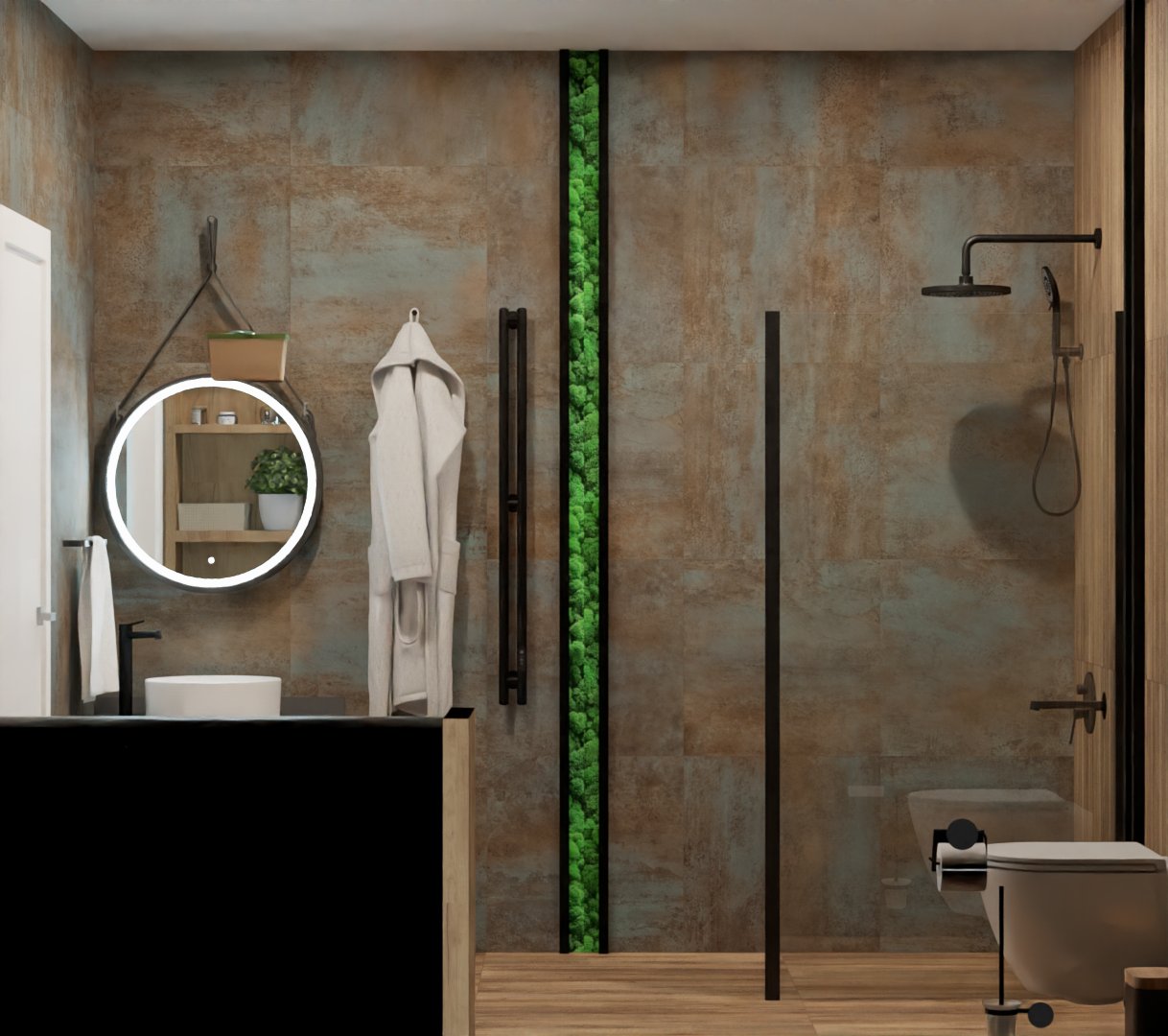 Ванная лофт со вставками цвета мха