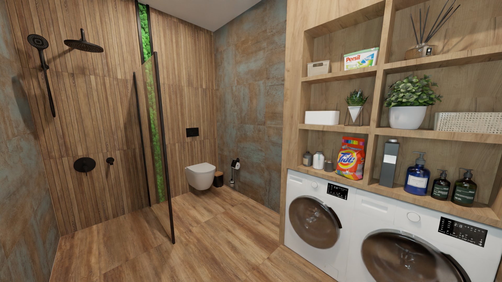 Ванная лофт со вставками цвета мха 2