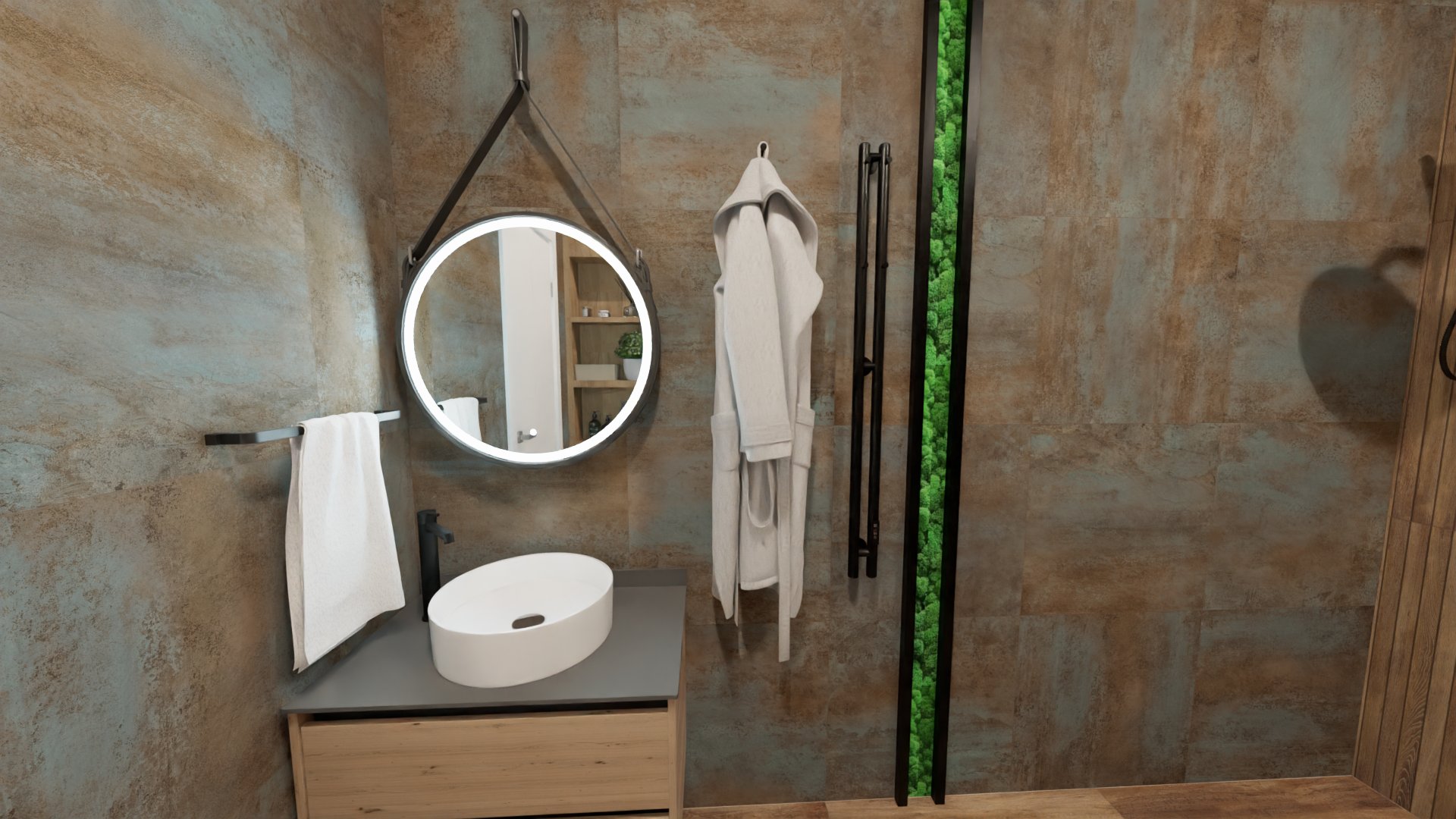 Ванная лофт со вставками цвета мха 3