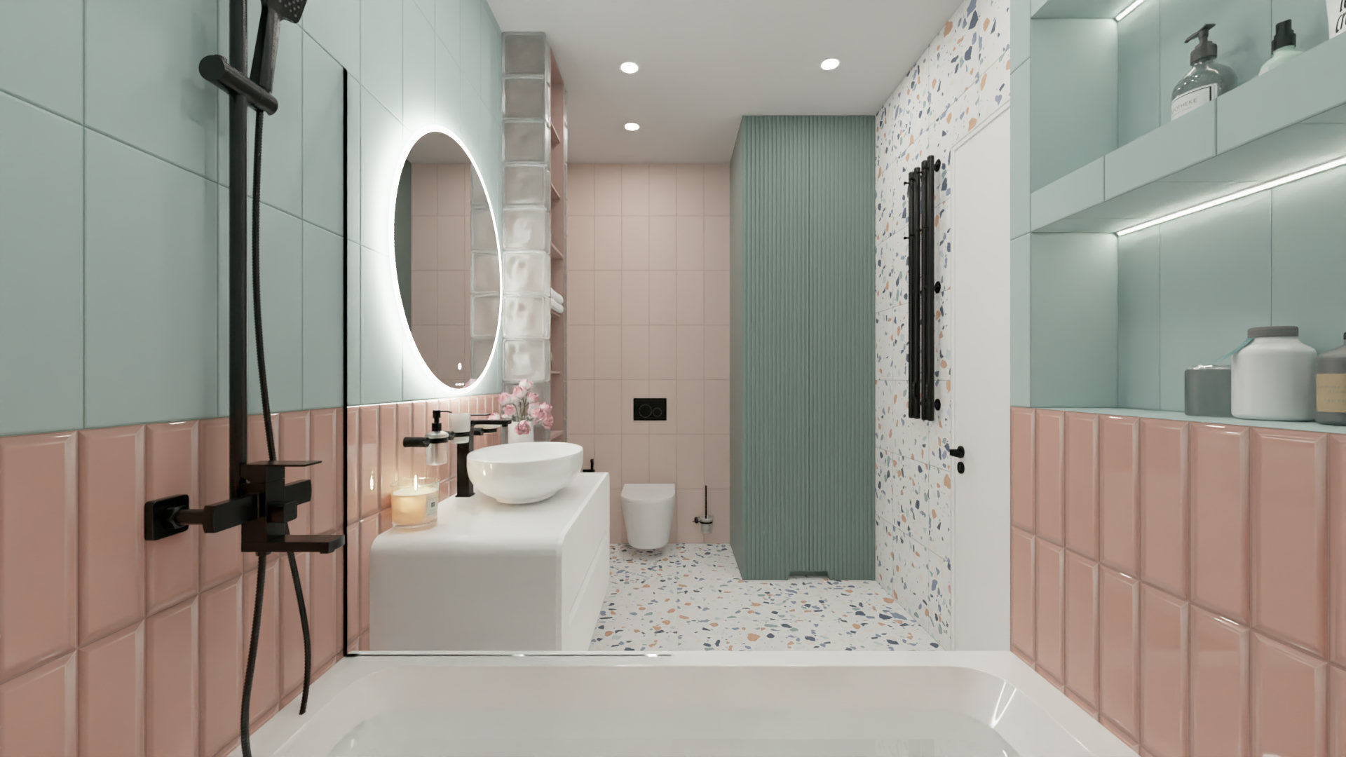 Современная ванная в пастельных тонах с плиткой терраццо 1