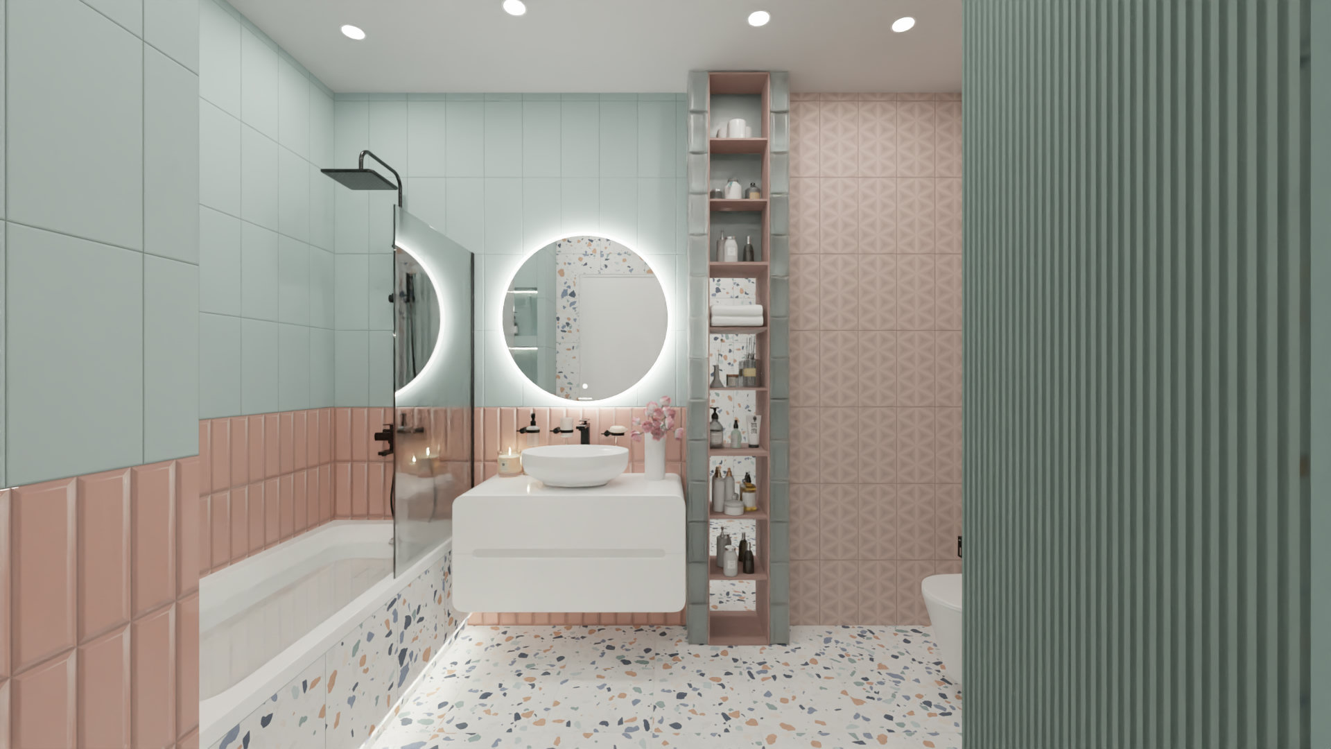 Современная ванная в пастельных тонах с плиткой терраццо