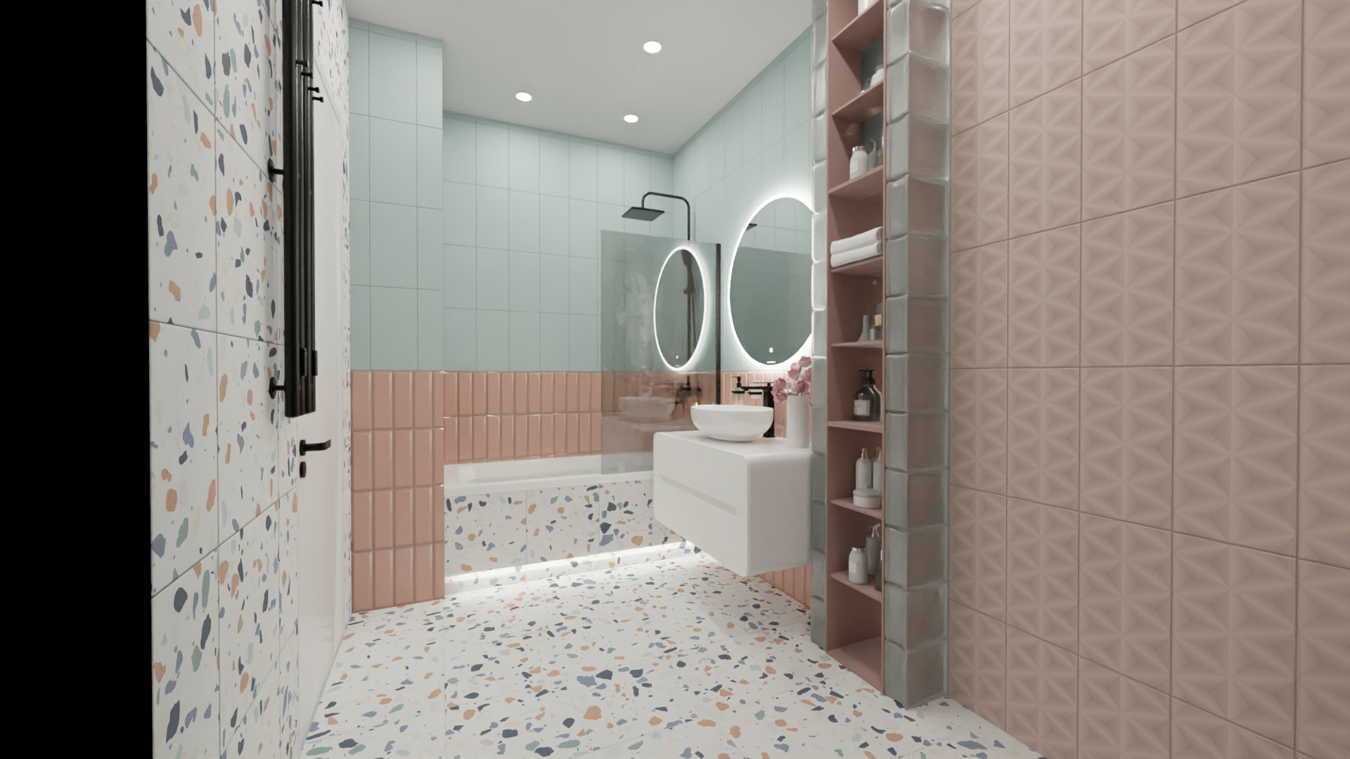 Современная ванная в пастельных тонах с плиткой терраццо 2