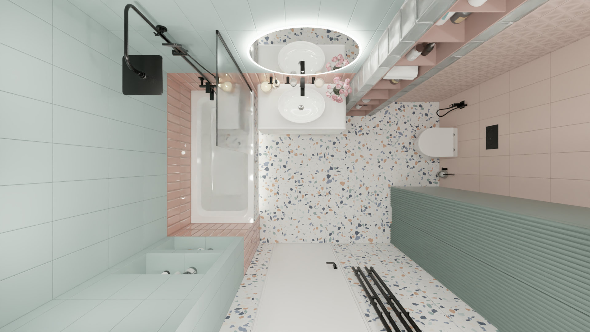 Современная ванная в пастельных тонах с плиткой терраццо 3