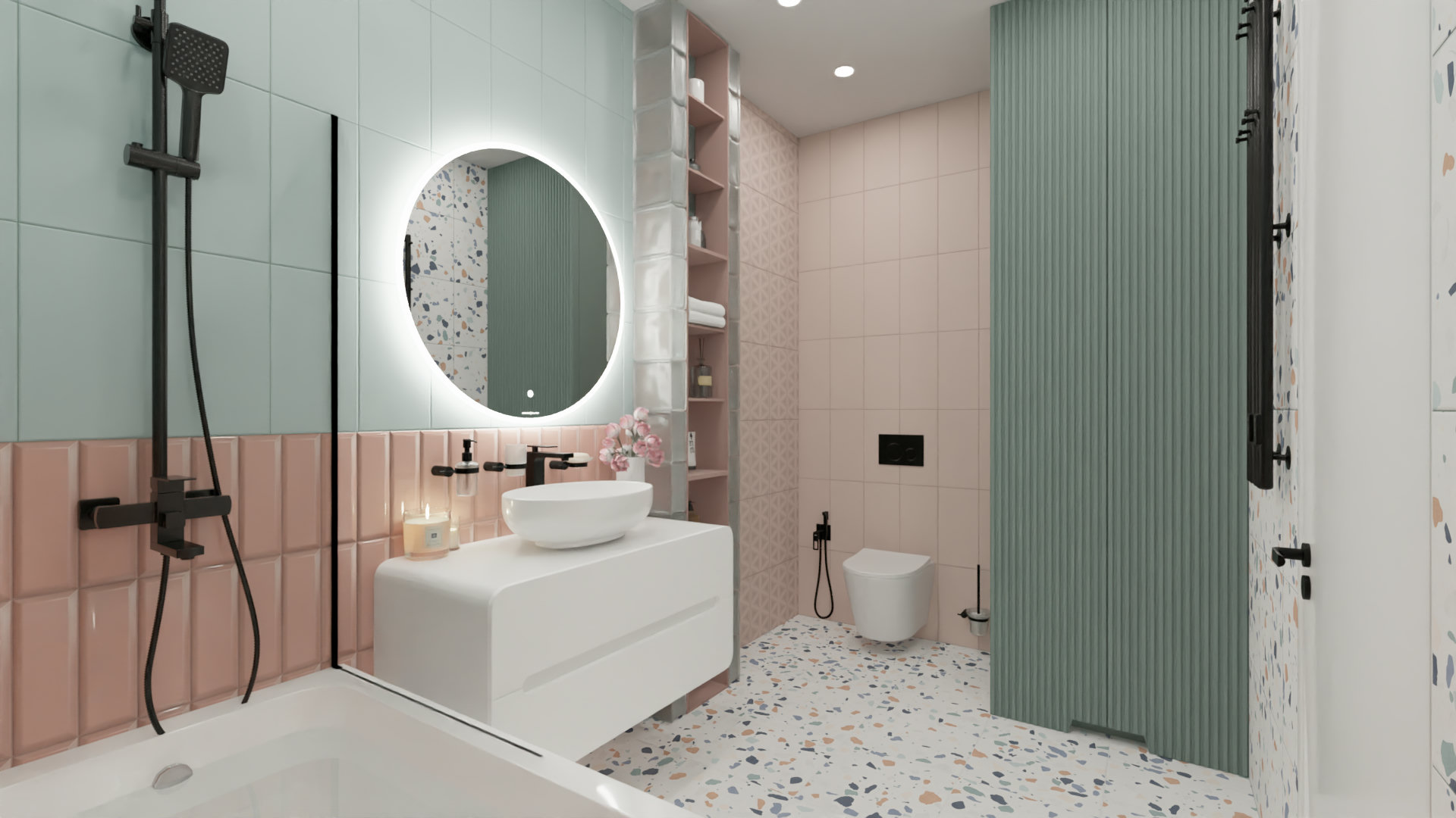 Современная ванная в пастельных тонах с плиткой терраццо 4