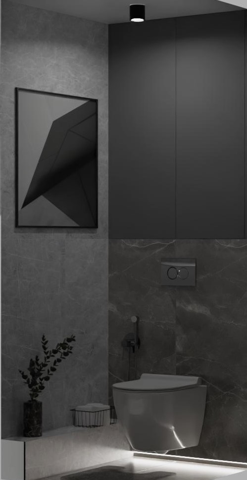 Маленький санузел с инсталляцией в темном мраморе 2 Маленький санузел с инсталляцией в темном мраморе 2