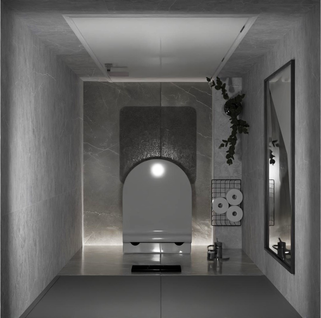 Маленький санузел с инсталляцией в темном мраморе