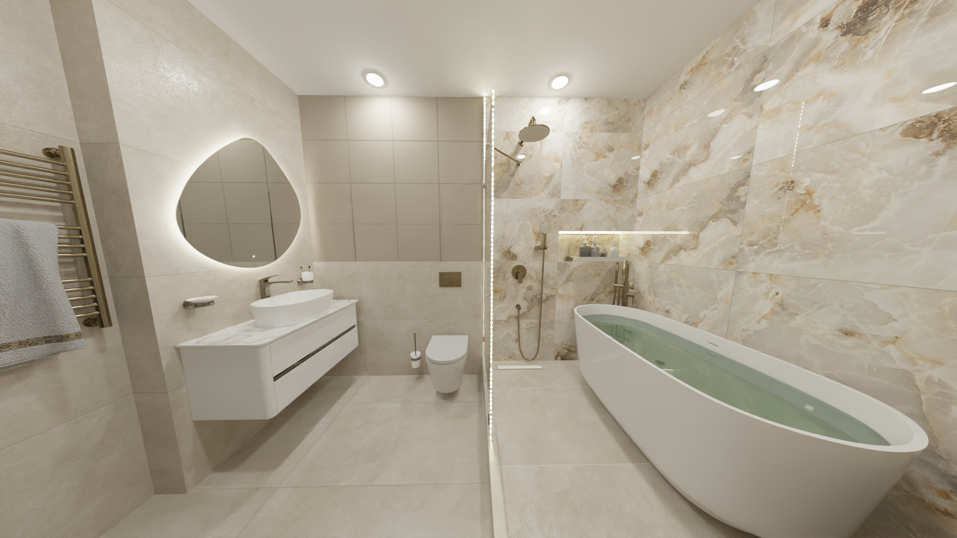 Светлая ванная комната с отдельностоящей ванной и золотой сантехникой Светлая ванная комната с отдельностоящей ванной и золотой сантехникой