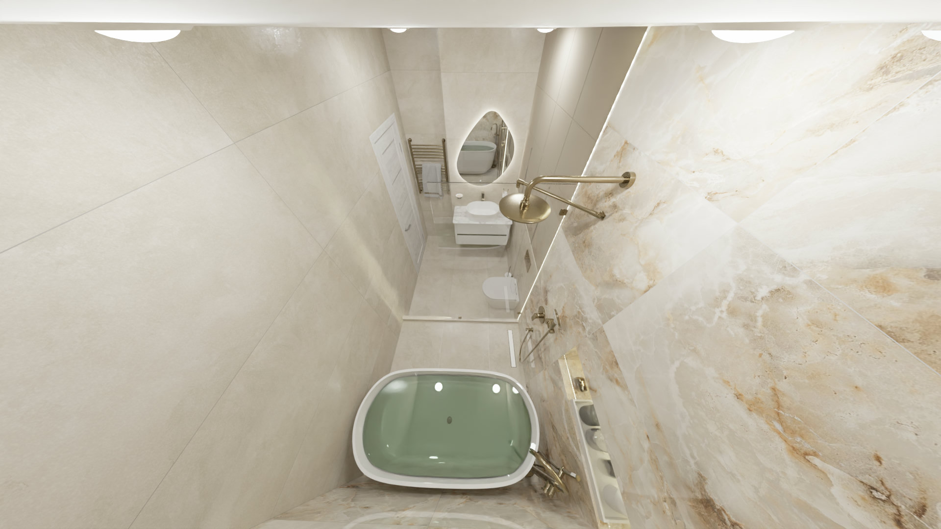 Светлая ванная комната с отдельностоящей ванной и золотой сантехникой 1