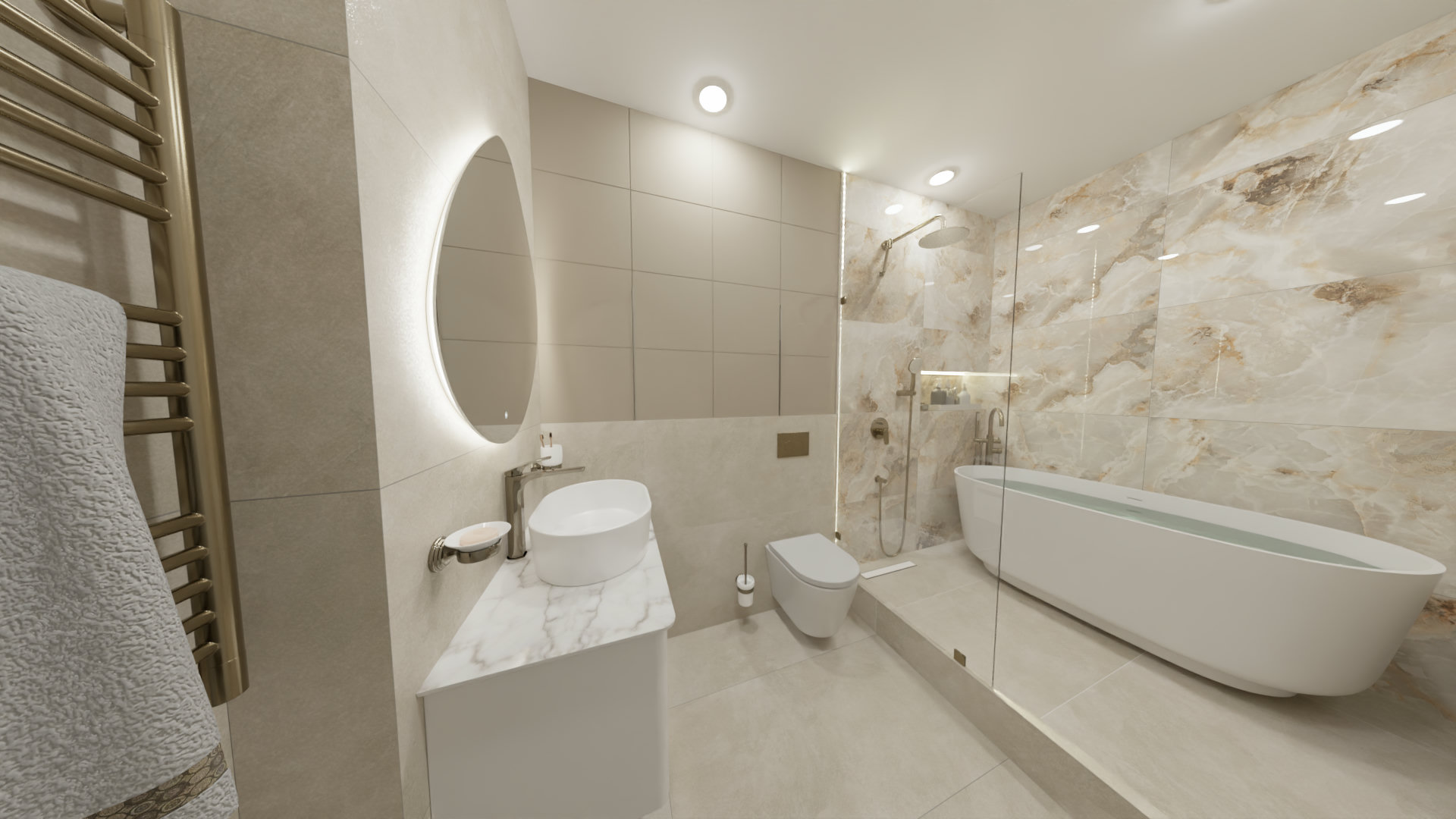 Светлая ванная комната с отдельностоящей ванной и золотой сантехникой 2