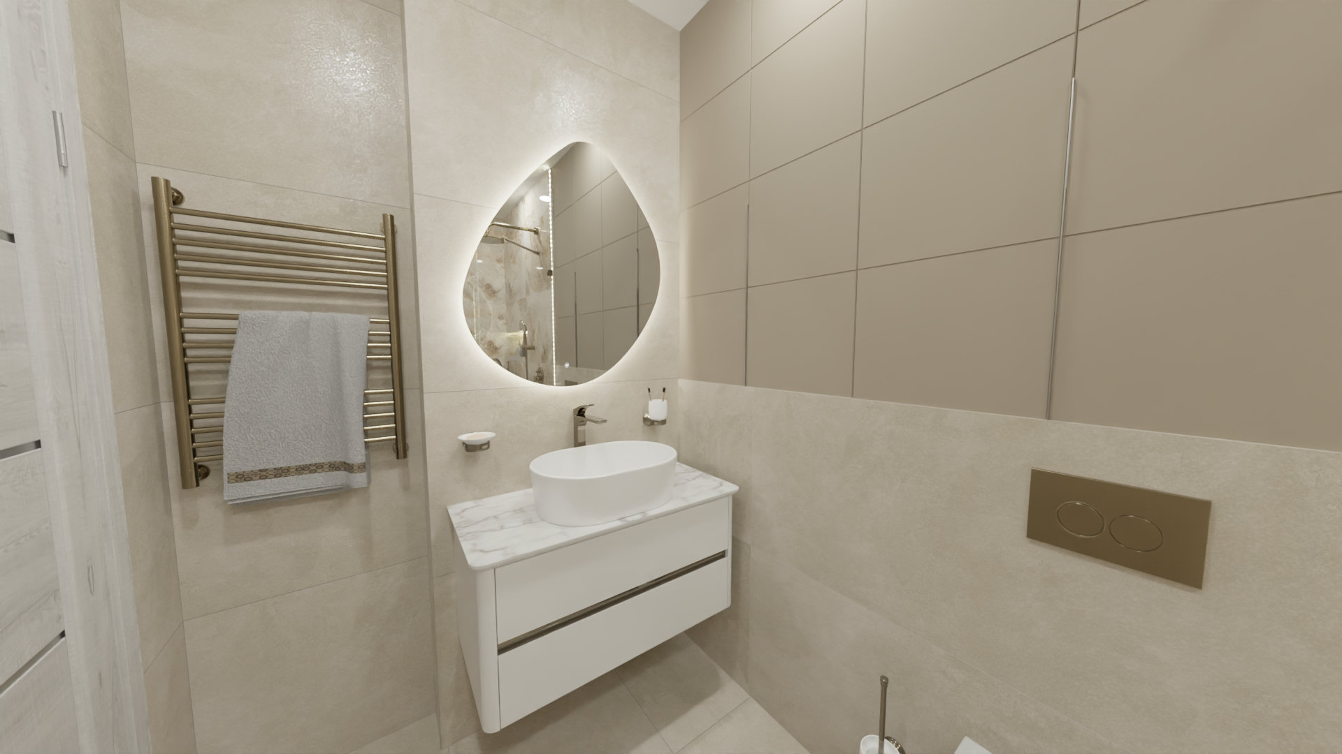 Светлая ванная комната с отдельностоящей ванной и золотой сантехникой 3