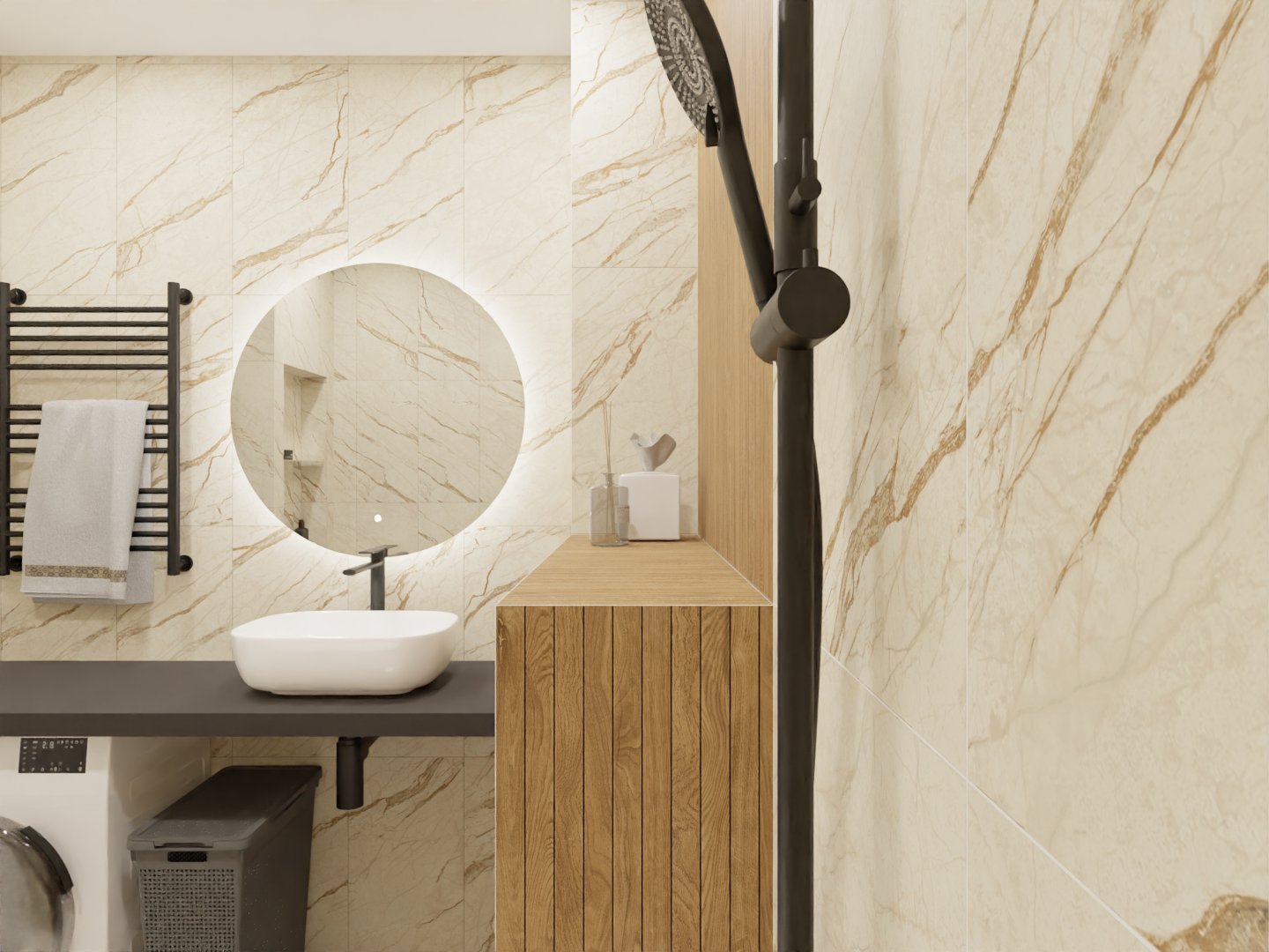 Маленькая ванная в нейтральных тонах со стиральной машиной 1 Маленькая ванная в нейтральных тонах со стиральной машиной 1