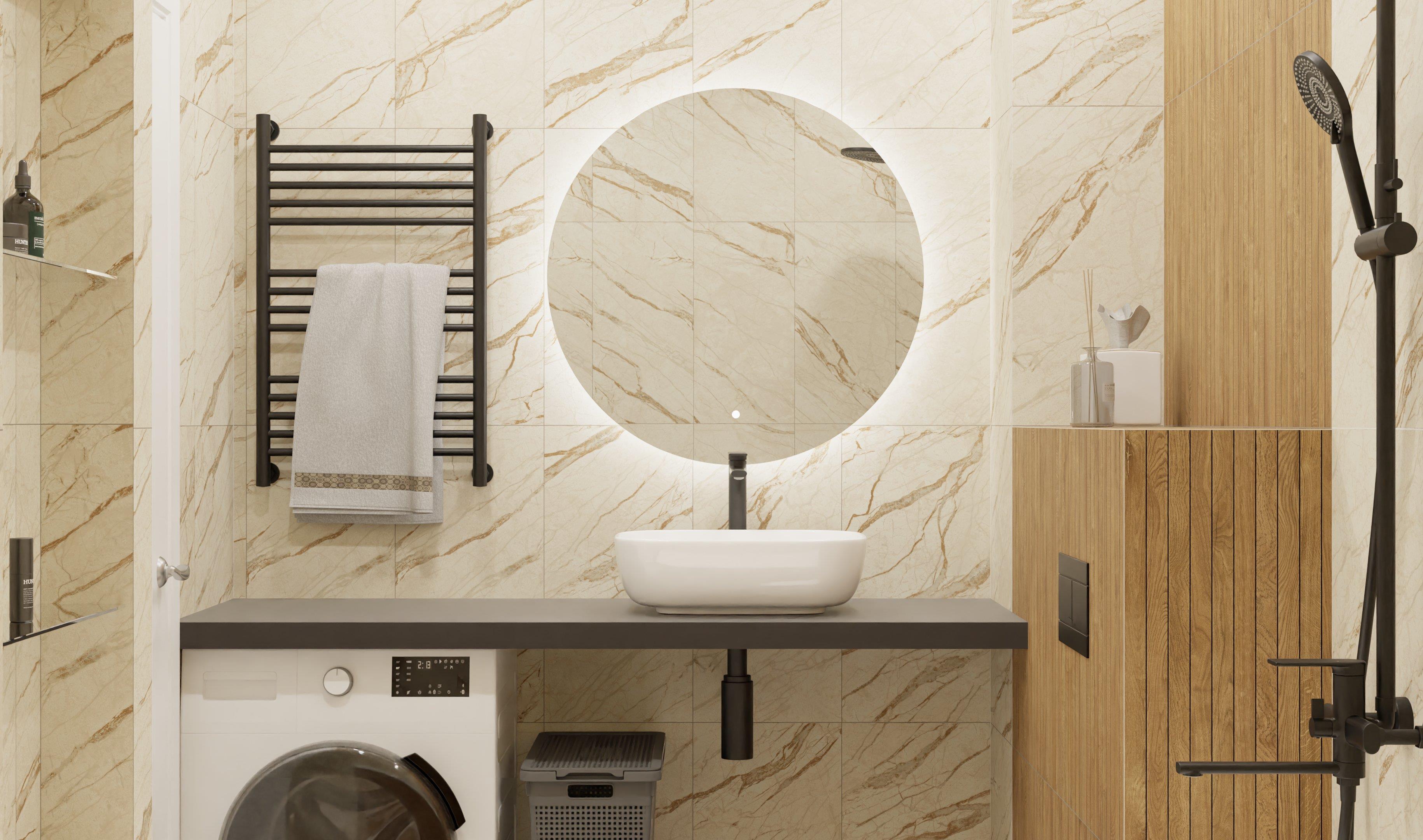 Маленькая ванная в нейтральных тонах со стиральной машиной Маленькая ванная в нейтральных тонах со стиральной машиной