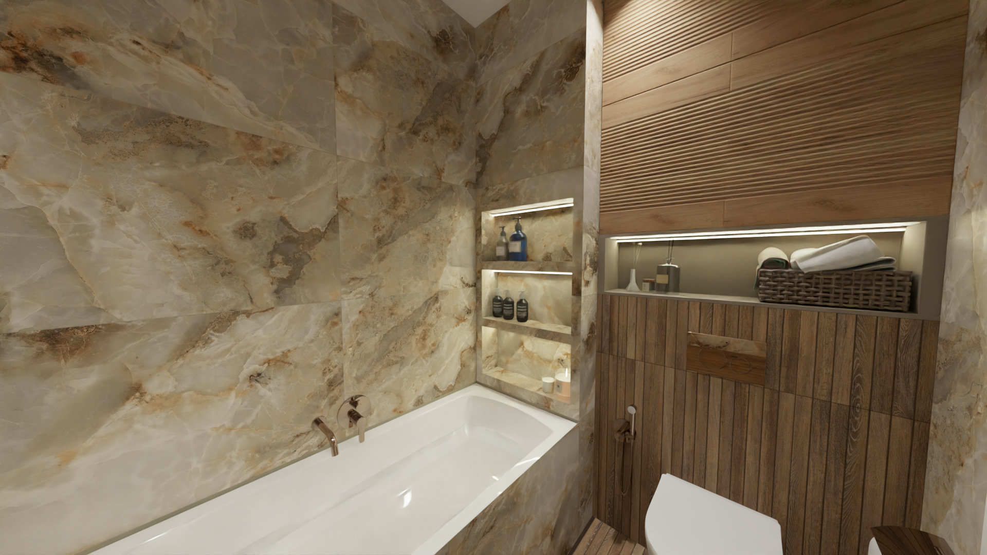 Компактная ванная комната в теплых оттенках Компактная ванная комната в теплых оттенках