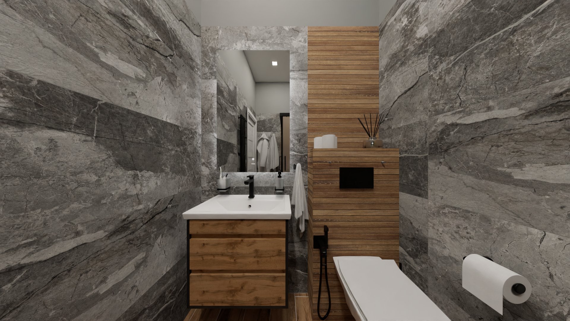 Дизайн в цветах натуральных материалов для компактной ванной Дизайн в цветах натуральных материалов для компактной ванной