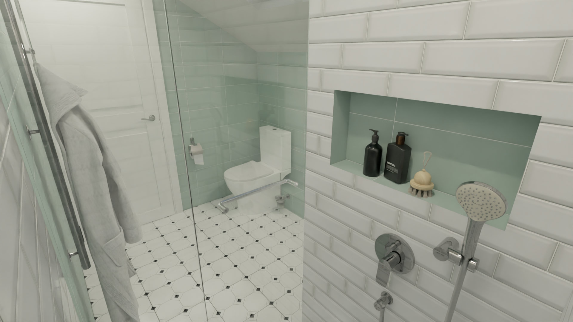 Ванная комната в мансардном помещении в мятных тонах 1