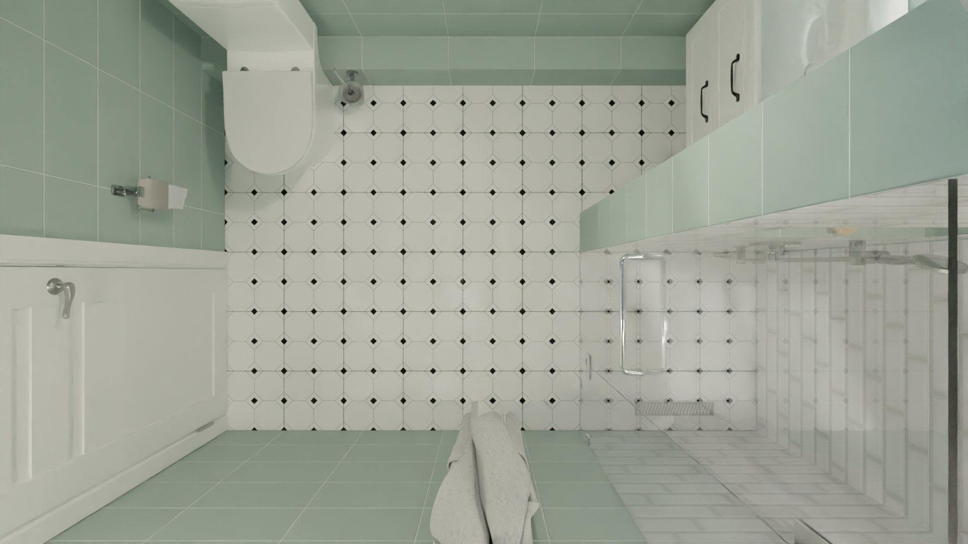 Ванная комната в мансардном помещении в мятных тонах 2