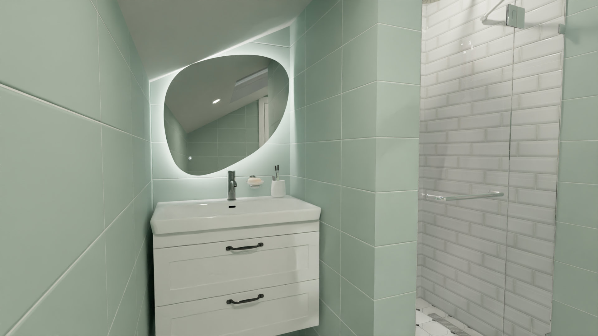 Ванная комната в мансардном помещении в мятных тонах 4