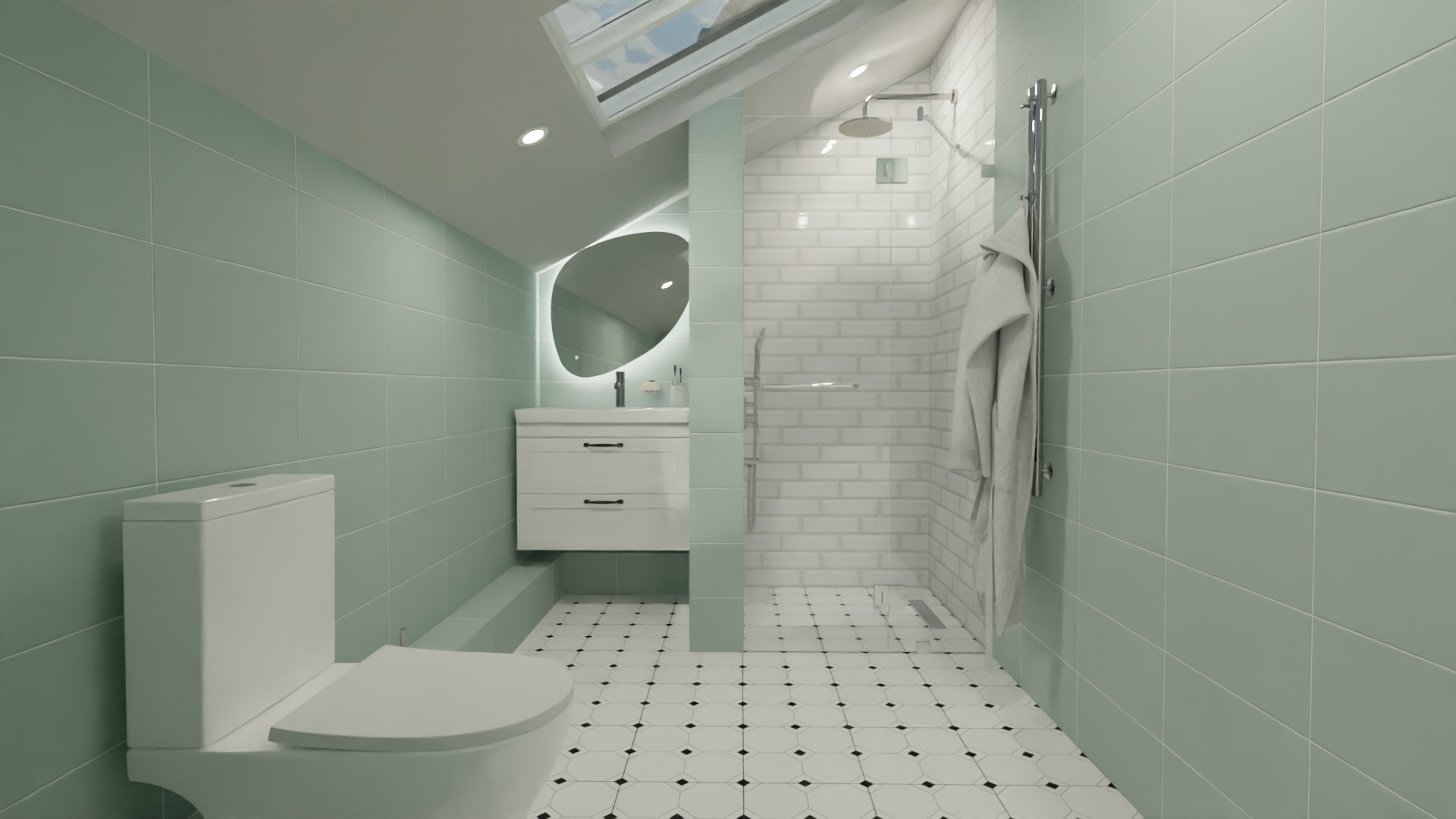 Ванная комната в мансардном помещении в мятных тонах