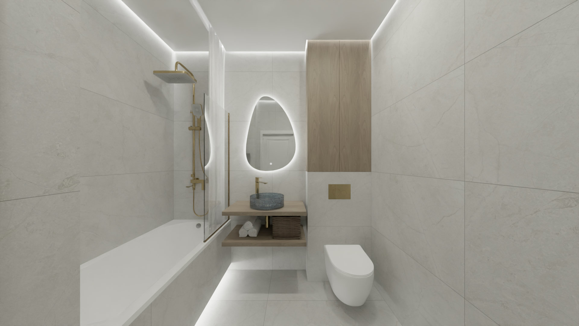 Совмещенный санузел в бежевых спокойных тонах Совмещенный санузел в бежевых спокойных тонах