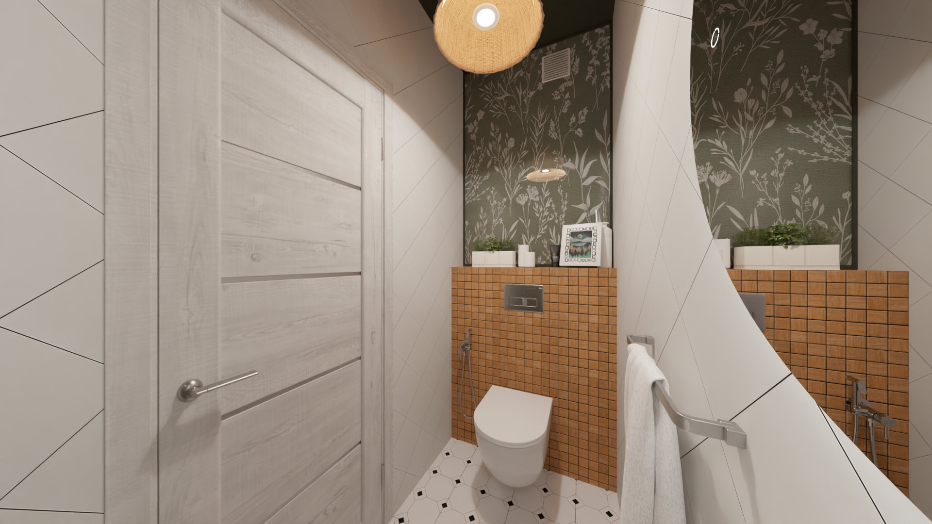 Небольшой санузел в стиле прованс с зелеными акцентами