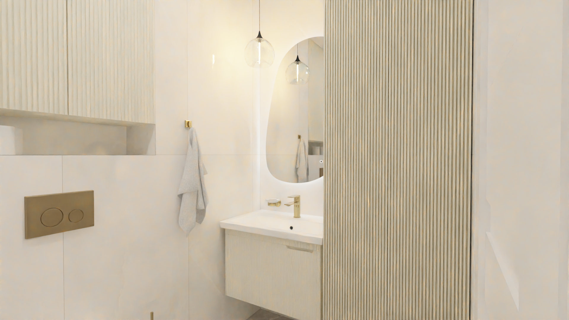 Совмещенный санузел с золотыми акцентами в бежевых оттенках 1