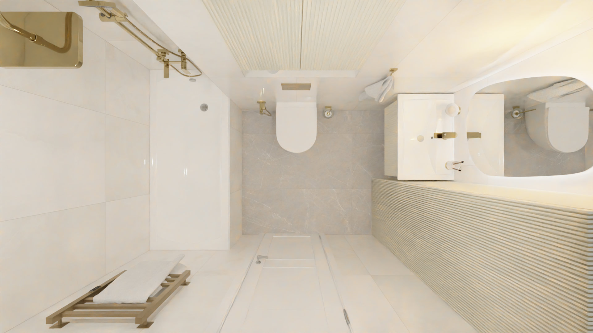 Совмещенный санузел с золотыми акцентами в бежевых оттенках 2