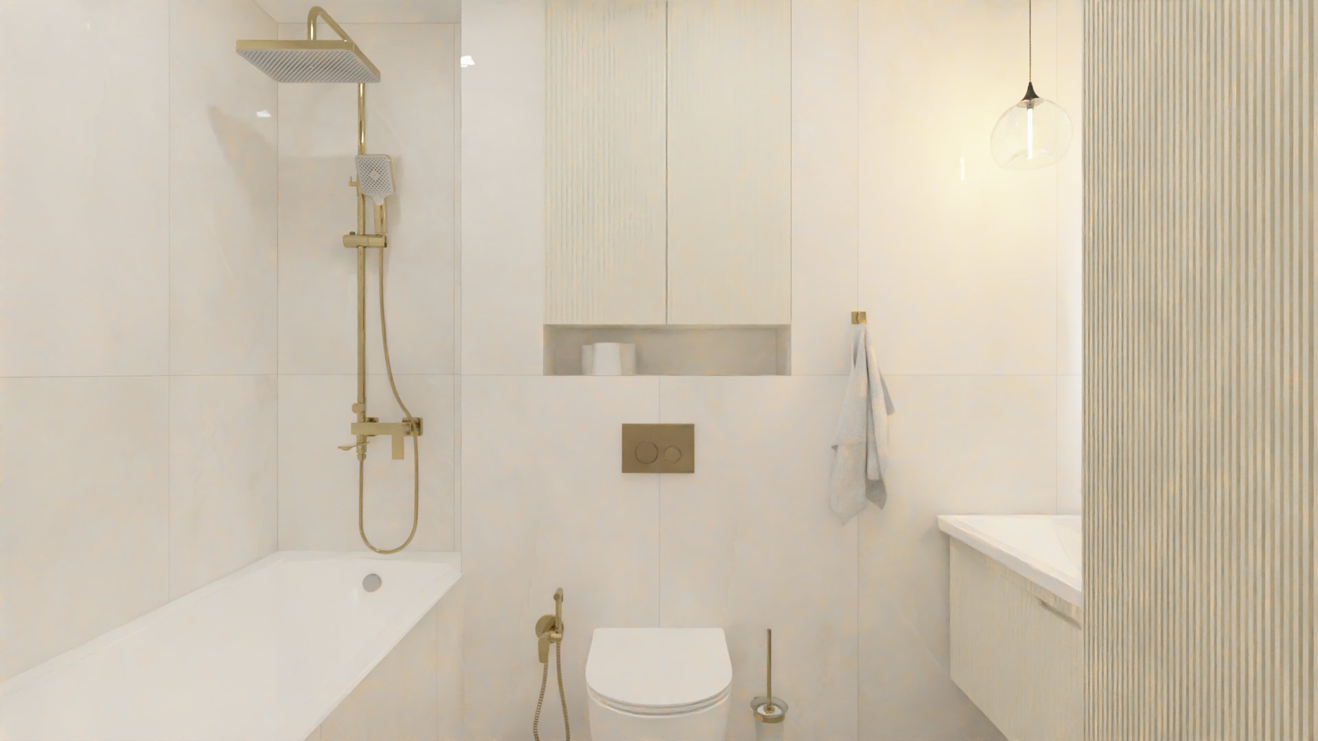 Совмещенный санузел с золотыми акцентами в бежевых оттенках 3