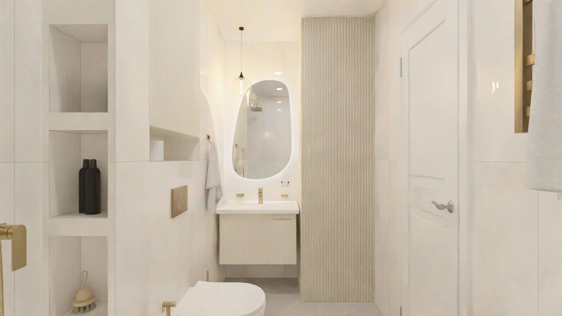 Совмещенный санузел с золотыми акцентами в бежевых оттенках 4