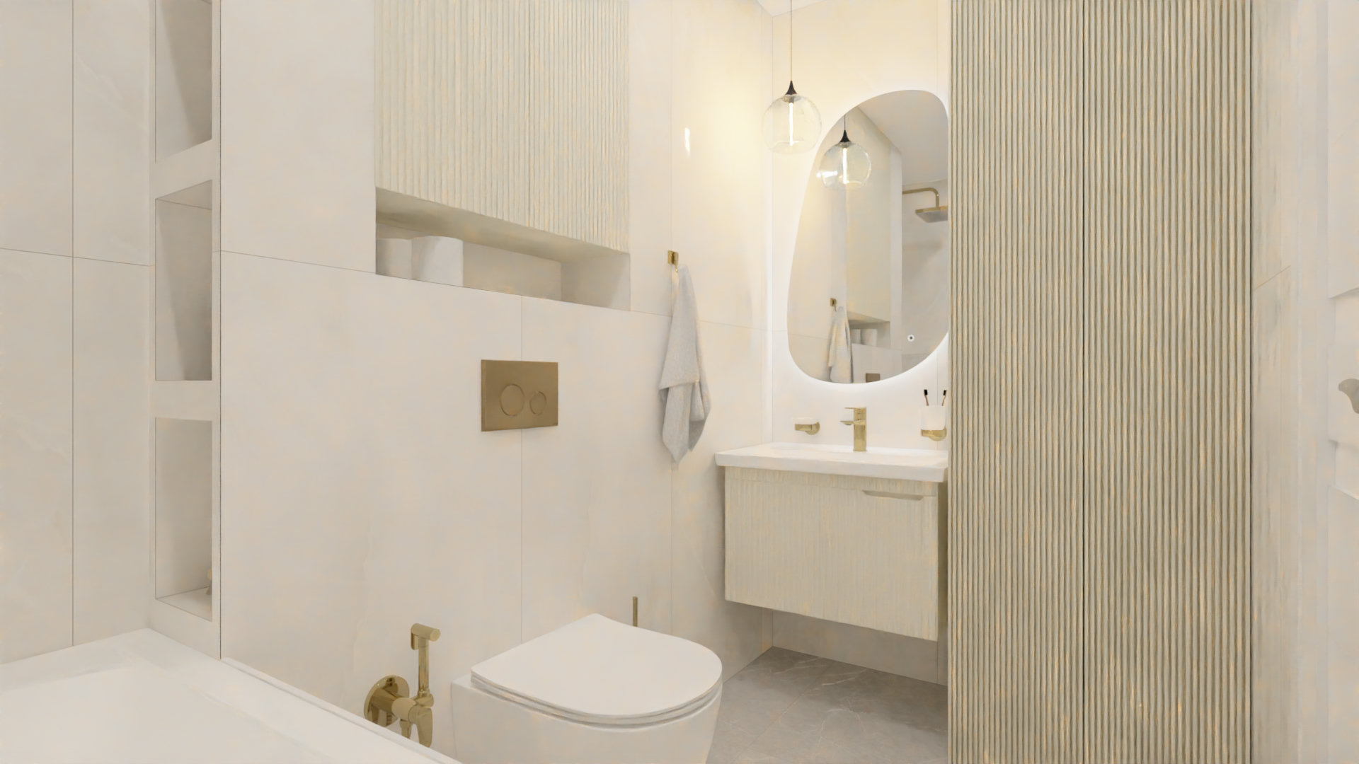 Совмещенный санузел с золотыми акцентами в бежевых оттенках Совмещенный санузел с золотыми акцентами в бежевых оттенках