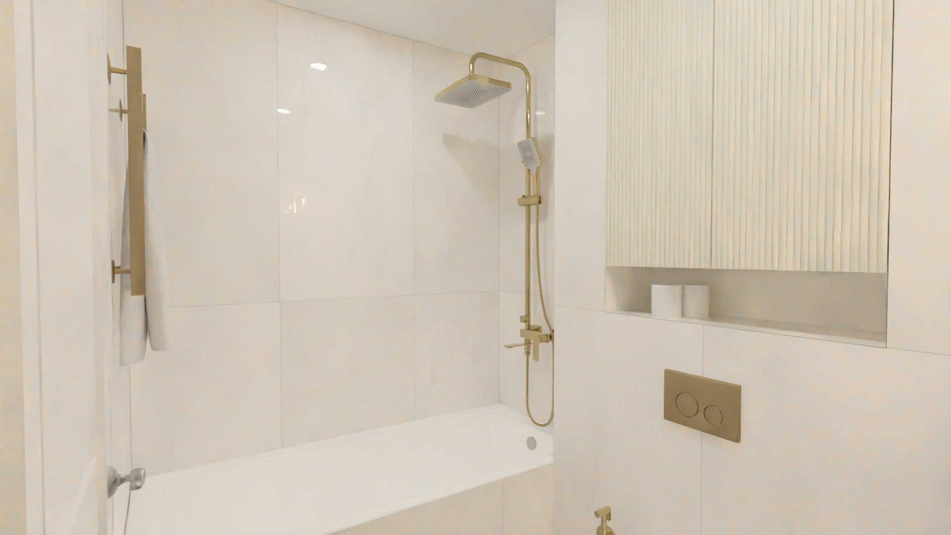 Совмещенный санузел с золотыми акцентами в бежевых оттенках 5