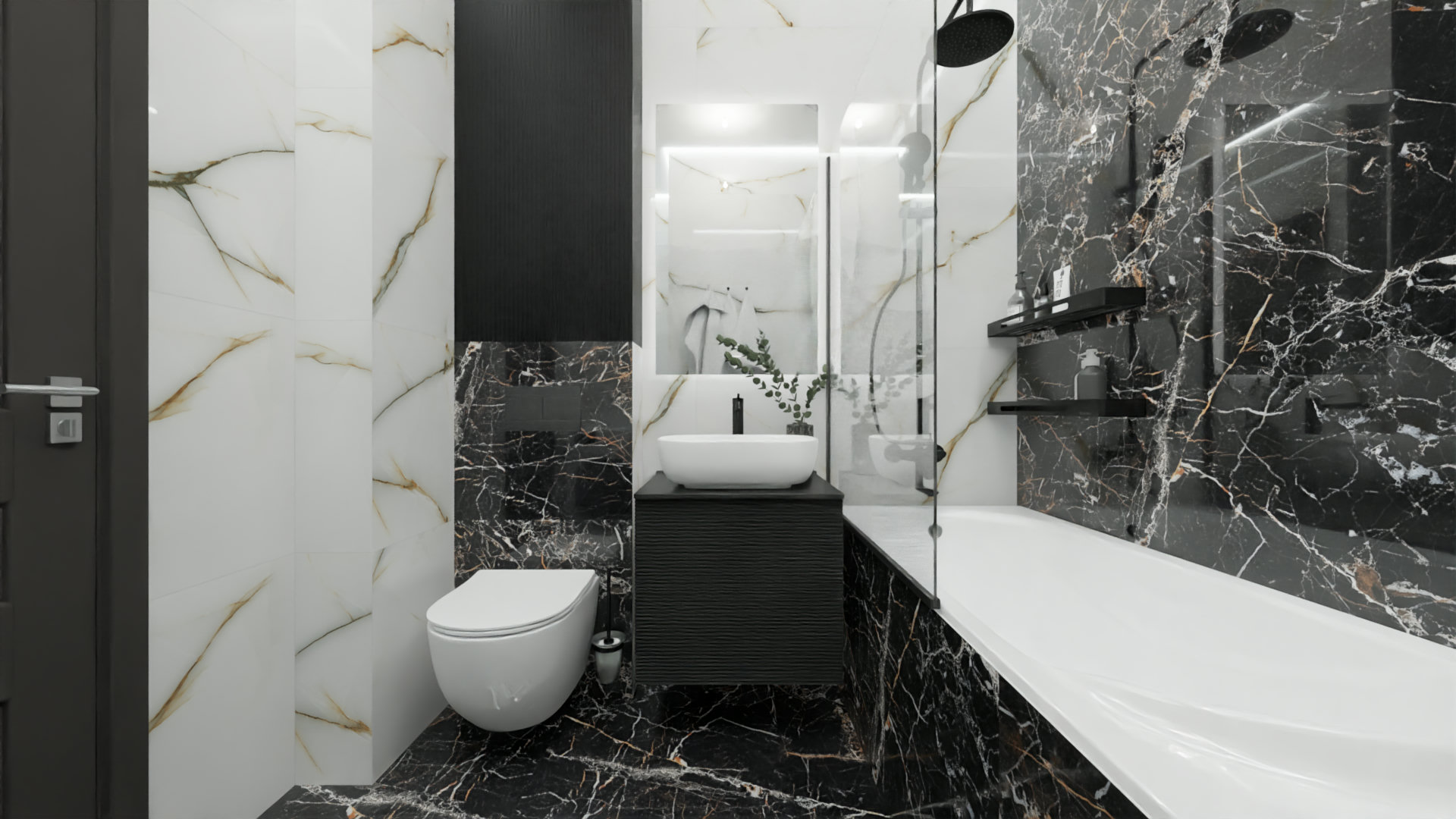 Контрастный строгий санузел с контурной подсветкой Контрастный строгий санузел с контурной подсветкой