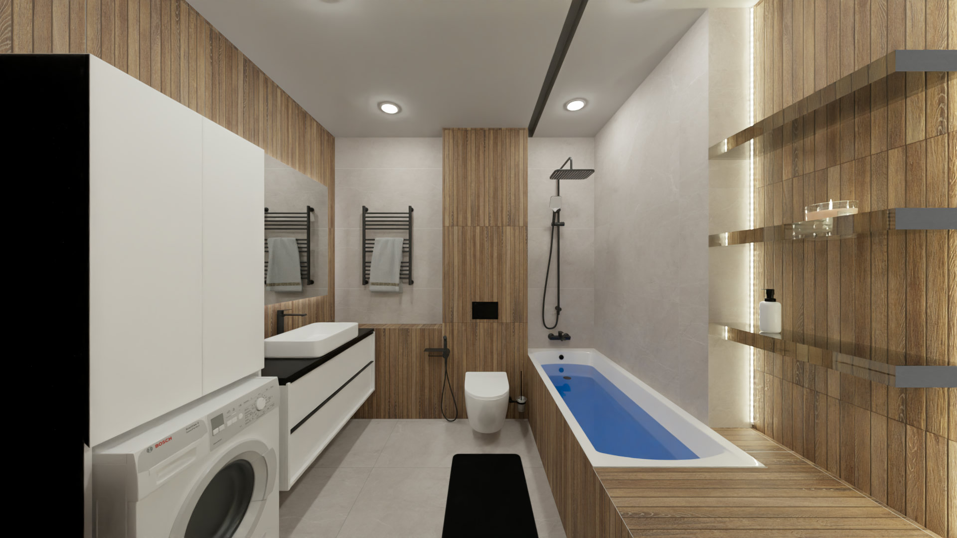 Совмещенный санузел с отделкой под дерево Совмещенный санузел с отделкой под дерево