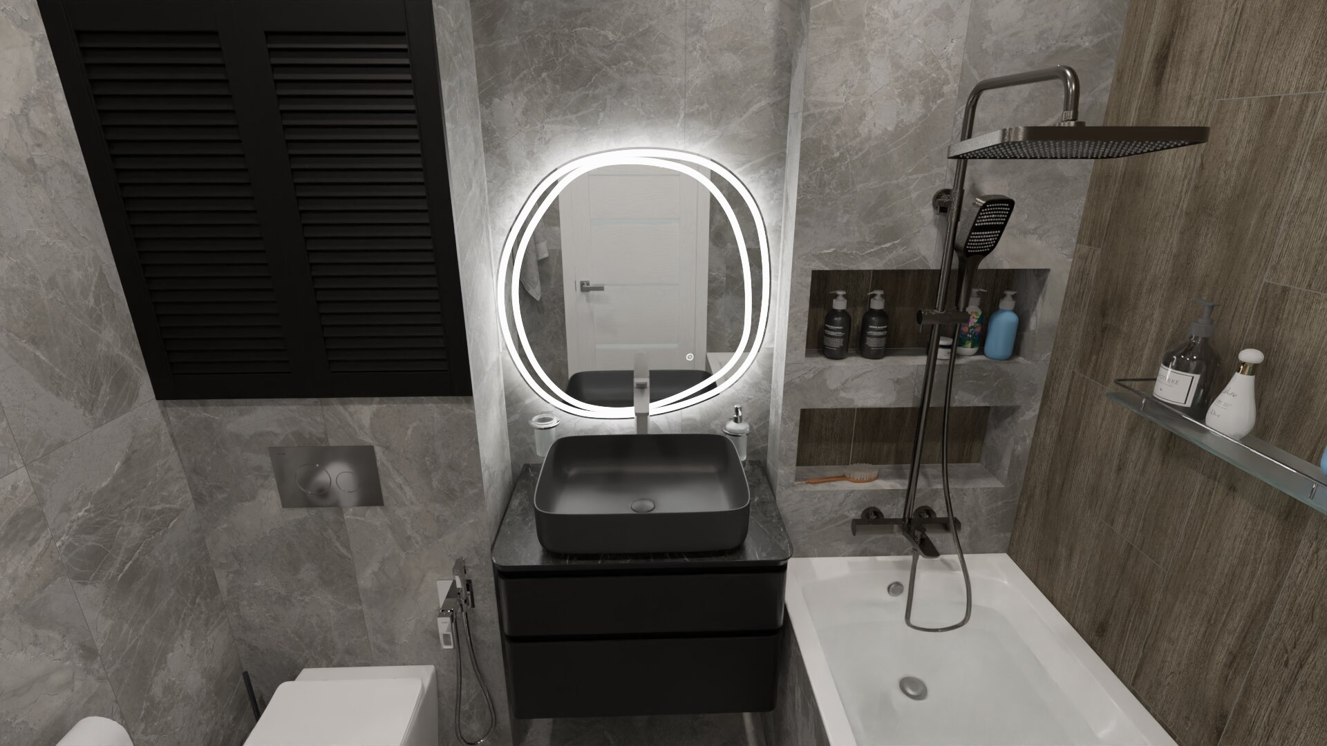 Строгий дизайн ванной в серых тонах