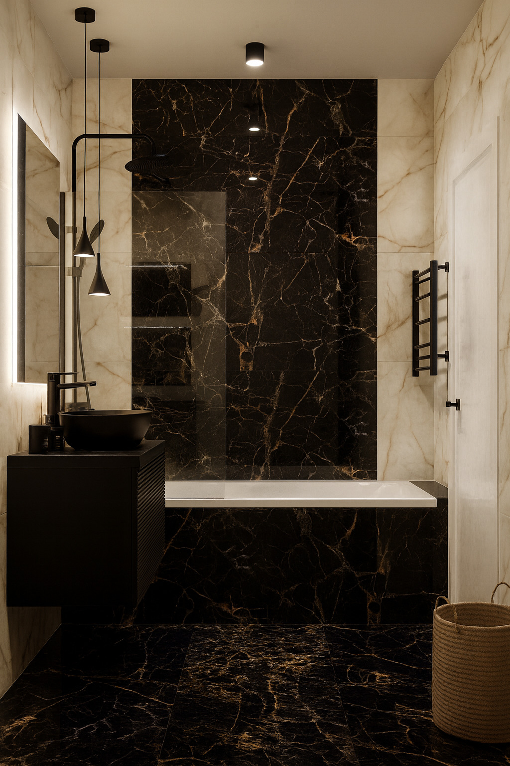 Стильная ванная в черном мраморе