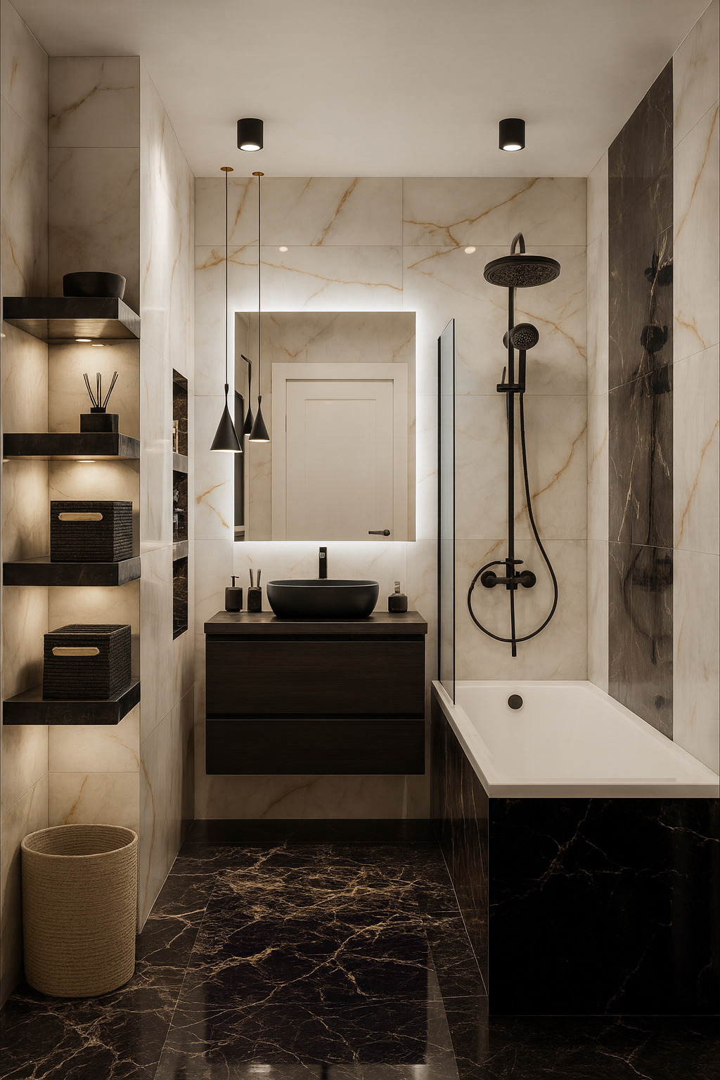 Стильная ванная в черном мраморе 1