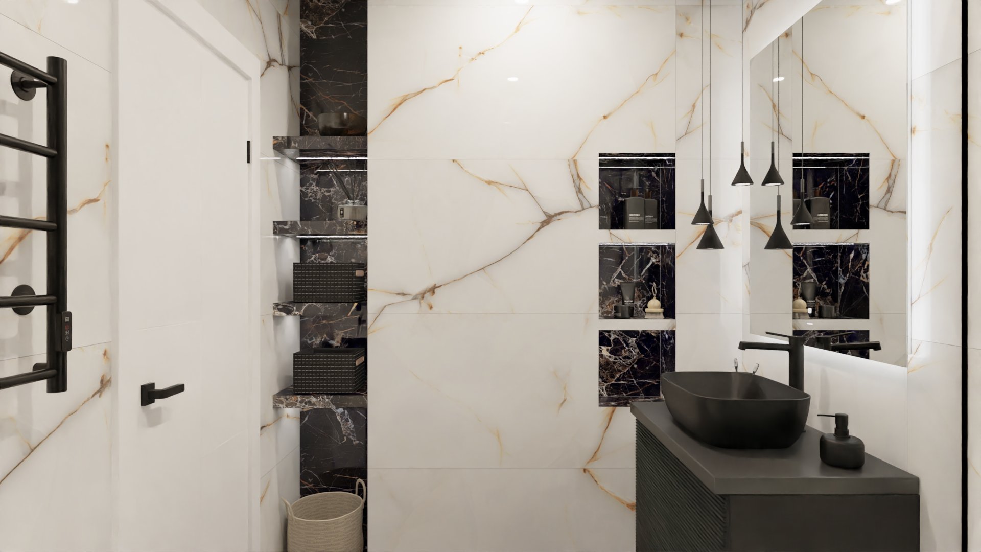 Стильная ванная в черном мраморе 3