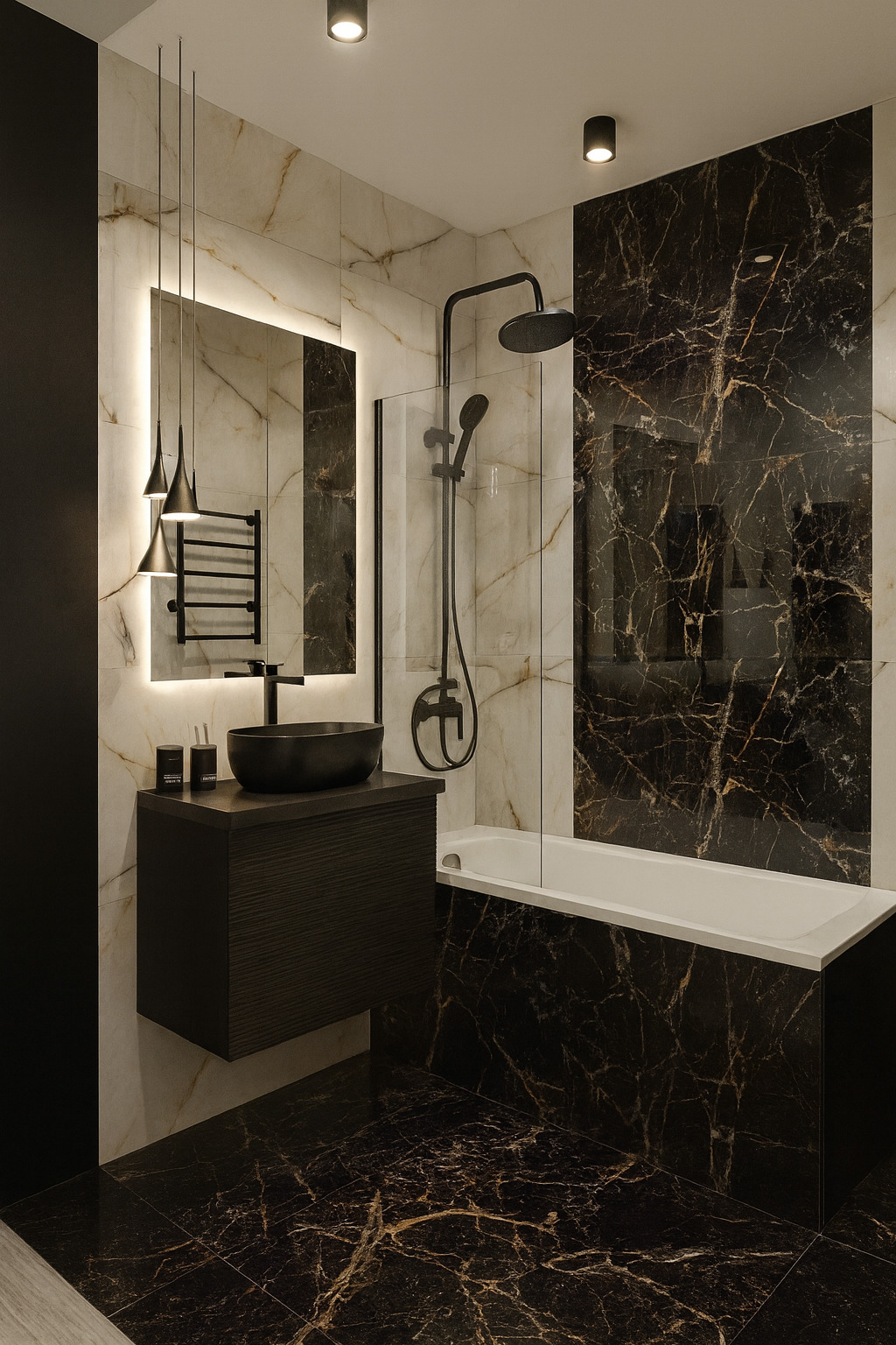 Стильная ванная в черном мраморе 5