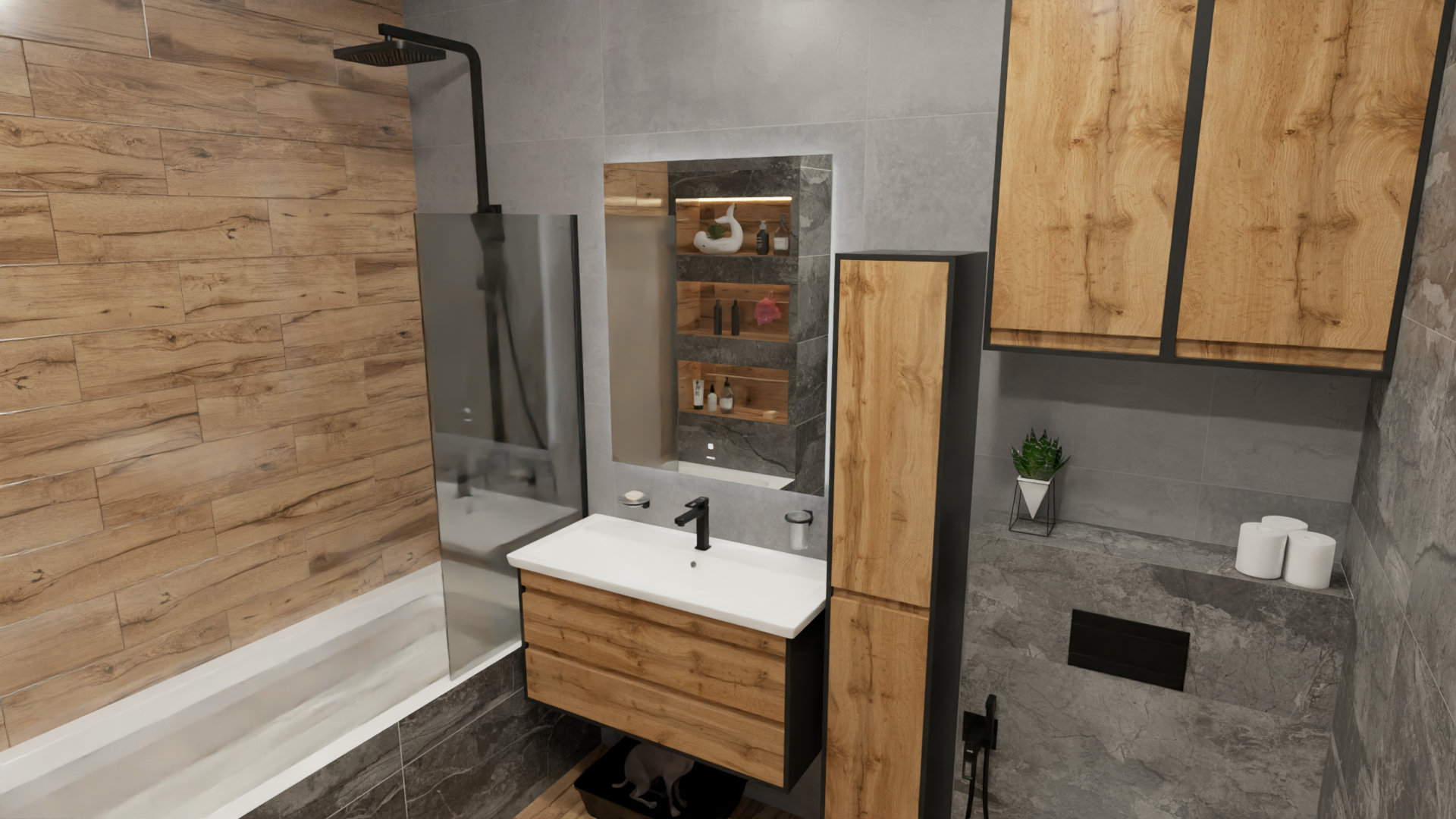 Сочетание оттенков дерева и бетона в интерьере ванной в стиле лофт Сочетание оттенков дерева и бетона в интерьере ванной в стиле лофт